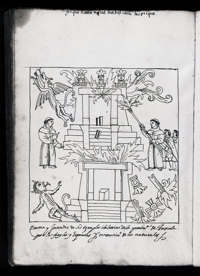 Ms Hunter 242 f.240v Franciscanen die tempels verbranden, illustratie uit Historia de Tlaxcala door Diego Munoz Camargo door Mexican School