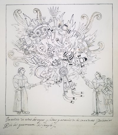 Franciscaanse monniken verbranden traditionele boeken en kleding, uit Historia de Tlaxcala door Diego Munoz Camargo door Mexican School