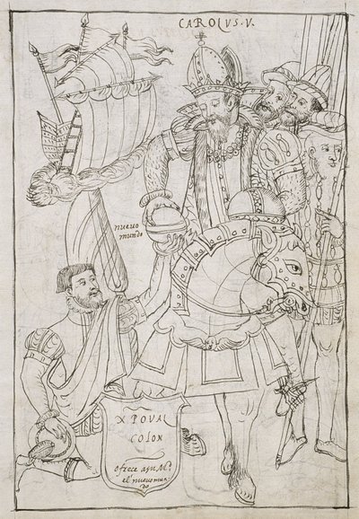 Christoffel Columbus (1451-1506) biedt symbolisch de Nieuwe Wereld aan Karel V (1500-08), uit Historia de Tlaxcala door Diego Munoz Camargo door Mexican School