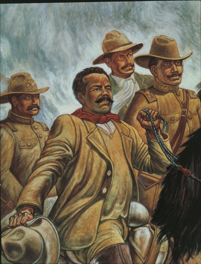 Pancho Villa in Zacatecas in 1910 (olieverf op board) door Mexican School