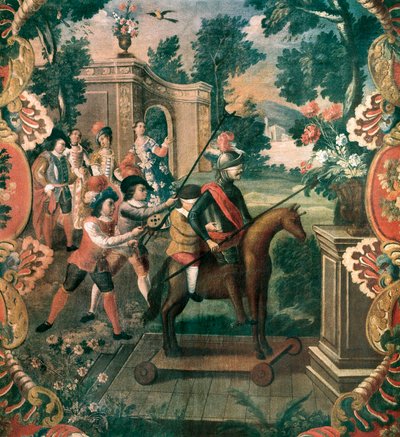 Scène uit "Don Quichot van het Kanaal" (De vernuftige edelman Don Quichot van La Mancha) door Miguel de Cervantes Saavedra door Mexican School