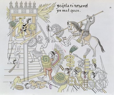 Het verbranden van de afgoden door Hernan Cortes, illustratie uit een facsimile van een Mexicaanse Indiaanse geschiedenistekening Lienzo de Tlaxcala, ca. 1550, 1892 door Mexican School