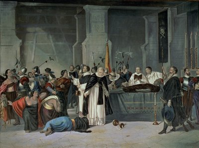 De Begrafenis van de Inca Atahualpa in de stad Cajamarca bijgewoond door Francisco Pizarro (c.1475-1541) door Mexican School