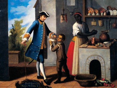 Witte Spaanse man, Zwarte vrouw en gemengd ras zoon (mulat), Schilderij over het thema van rassenvermenging door Mexican School