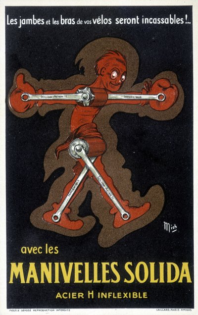 Reclame voor Velo krukken gemaakt van massief staal. Tekening door Mich (Michel Liebeaux) door Mich
