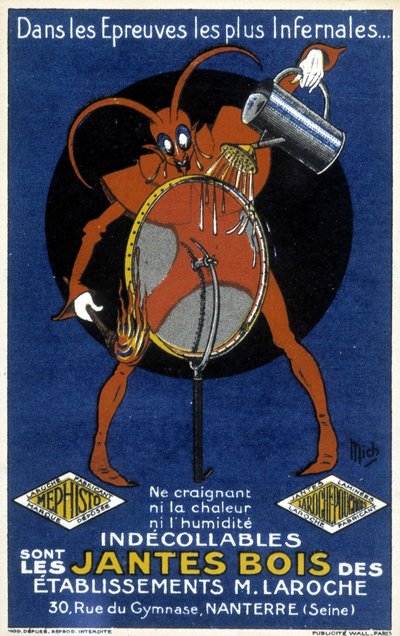 Rode duivel voor een fietswiel ter illustratie van een advertentie voor de houten velgen van Laroche (Nanterre) vestigingen (gravure) door Mich