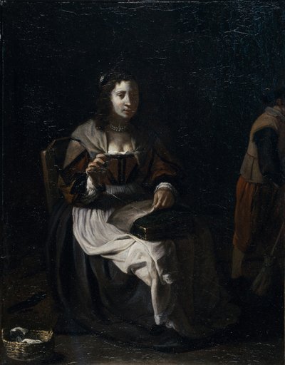 Een vrouw die naait door Michael (attr. to) Sweerts