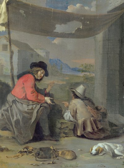 Twee figuren zittend met een hond door Michael (attr. to) Sweerts