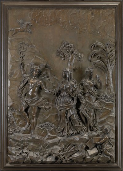 De Stowe-reliëfs: Mercurius begeleidt tragische en komische poëzie naar de heuvel van Parnassus, c.1740 (gebronsd lindehout) door Michael (attr.to) Chuke
