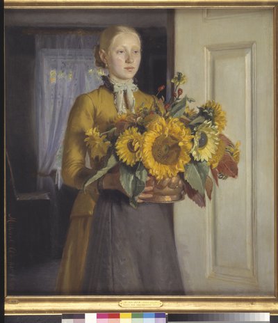 Een Meisje met Zonnebloemen door Michael Ancher