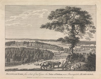 Hackwood Park, het landgoed van zijn genade de hertog van Bolton nabij Basingstoke, Hampshire (uitgegeven door G. Kearsly); pagina 19 (Volume Twee) door Michael Angelo Rooker