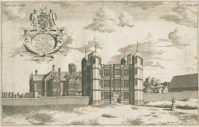 Tixall Hall en Poortgebouw: kopergravure door Michael Burghers