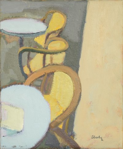 Café tafelblad, 2017 (olieverf op linnen) door Michael G. Clark