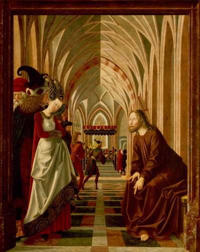 Christus en de overspelige vrouw, paneel van Verhalen van Christus, St Wolfgang Altaarstuk door Michael Pacher