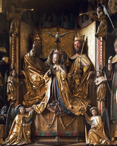 Kroning van het Maagd Altaar, circa 1470-1480, door Michael Pacher, gesneden hout, oude Gries Parochiekerk, San Quirino, Bolzano, Trentino-Zuid-Tirol, Italië door Michael Pacher