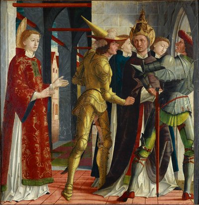 Paus Sixtus II neemt afscheid van de heilige Laurentius door Michael Pacher