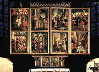 St. Wolfgang Altaar, gesloten binnenluikparen. 8 scènes (schilderij) door Michael Pacher