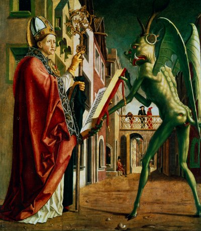 De Duivel Presenteert St. Augustinus het Boek der Ondeugden, ca. 1455-1498 door Michael Pacher