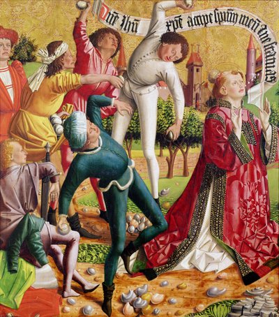 De steniging van St. Stefanus, uit het altaarstuk van St. Stefanus, c.1470 door Michael Pacher