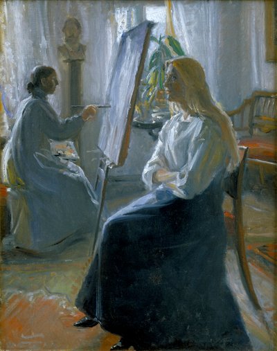 In het atelier, Anna Ancher, de vrouw van de kunstenaar schildert, eind 19e-begin 20e eeuw door Michael Peter Ancher