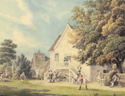 Een spelletje kegelen op de bowlingbaan buiten de Bunch of Grapes Inn, Hurst, Berkshire door Michael Rooker