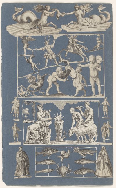 Collage van uitgeknipte prenten geplakt op albumblad van blauw papier door Michael Snijders (attributed to)