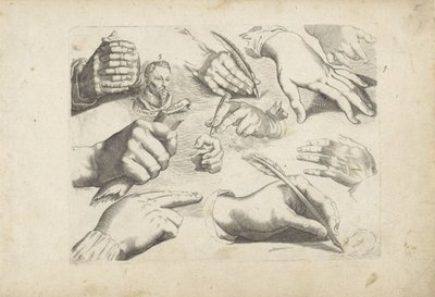 Studieblad met tekenvoorbeelden: handen en portret van Hendrick Goltzius door Michael Snijders