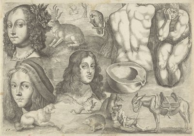 Studieblad met tekenvoorbeelden: koppen, dieren, figuren door Michael Snijders