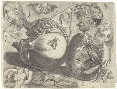 Studieblad met tekenvoorbeelden: koppen, figuren, vruchten, dieren door Michael Snijders