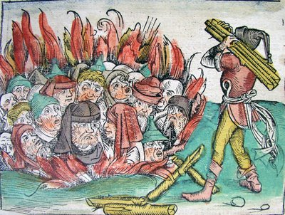 Verbranding van de Joden in Deggendorf in 1338 uit de Schedels Wereldkroniek, 1493 door Michael Wolgemut