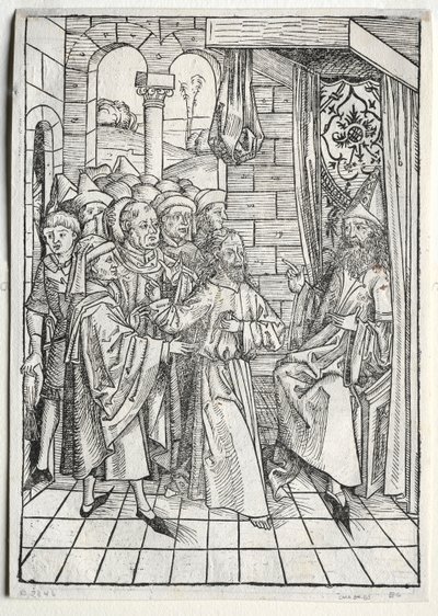 Der Schatzbehalter: Christus voor Kajafas verso, 1491 door Michael Wolgemut