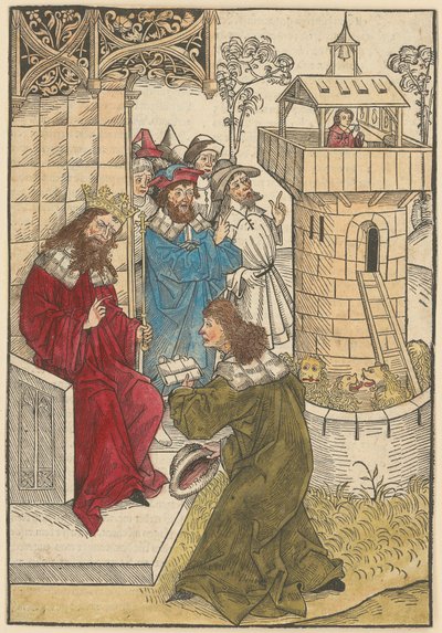 Ein Fürst kniet vor König Darius und der betende Daniel über der Löwengrube door Michael Wolgemut