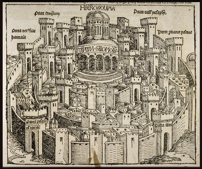 Jeruzalem uit de Schedels Kroniek van de Wereld, ca 1493 door Michael Wolgemut