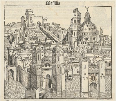 Phantasieansicht der Stadt Marseille [recto], drei Porträts (Phereades, Pythagoras und Sappho) [verso] door Michael Wolgemut