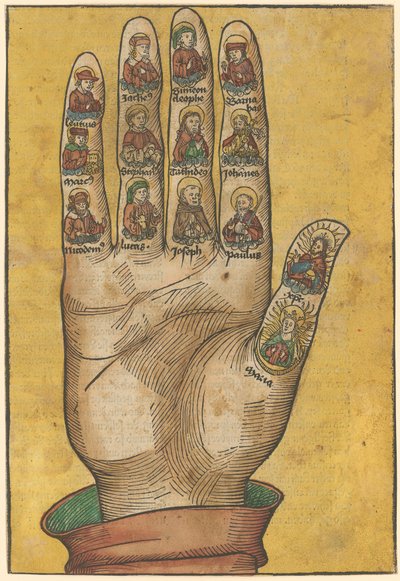 Rechte Hand der Credo-Hände mit Porträts von Heiligen door Michael Wolgemut