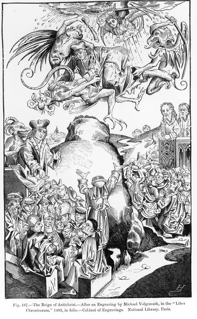 De heerschappij van de Antichrist, uit de Liber Chronicarum, gepubliceerd in 1493, illustratie uit Science and Literature in the Middle Ages and Renaissance, geschreven en gegraveerd door Paul Lacroix, 1878 door Michael Wolgemut