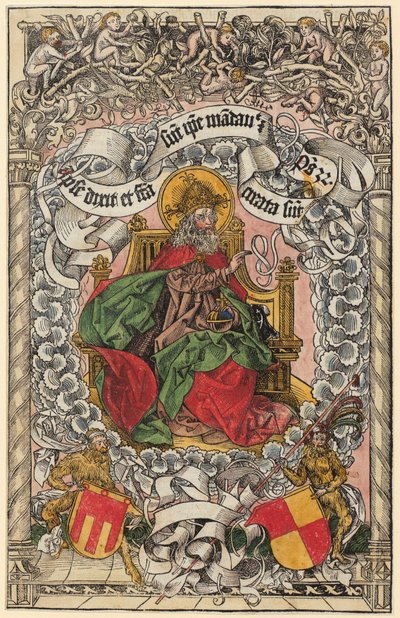 Titelholzschnitt mit Gottvater auf dem himmlischen Thron, die Hand segnend erhoben door Michael Wolgemut