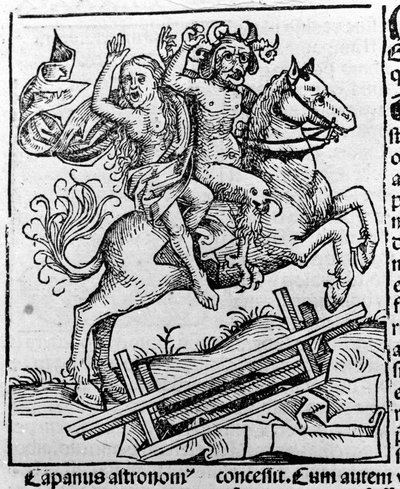 De Duivel en een Heks op weg naar de Sabbat door Hartmann Schedel Liber chronicarum Neurenberg 1493 door Michael Wolgemut or Wolgemuth