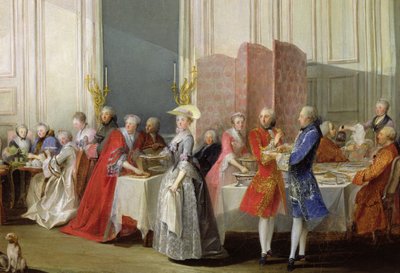 Engelse thee in de Salon des Quatre Glaces in het huis van de Prins de Conti (1717-76) Palais du Temple, detail van de gasten, 1766 door Michel Barthelemy Ollivier or Olivier