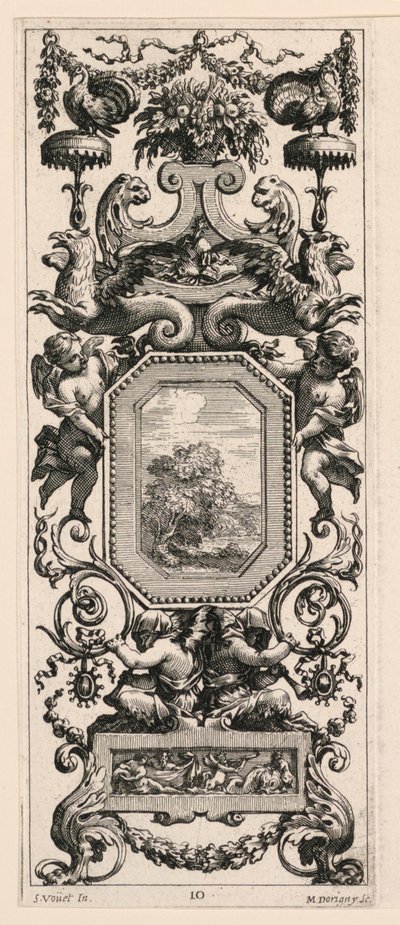 Ornamentpaneel bekroond door een mand met bloemen en een slinger, plaat 10 uit het Boek van Diverse Grotesken geschilderd in het Kabinet en de Baden van de Koningin-Regentes, in het Koninklijk Paleis door Michel Dorigny