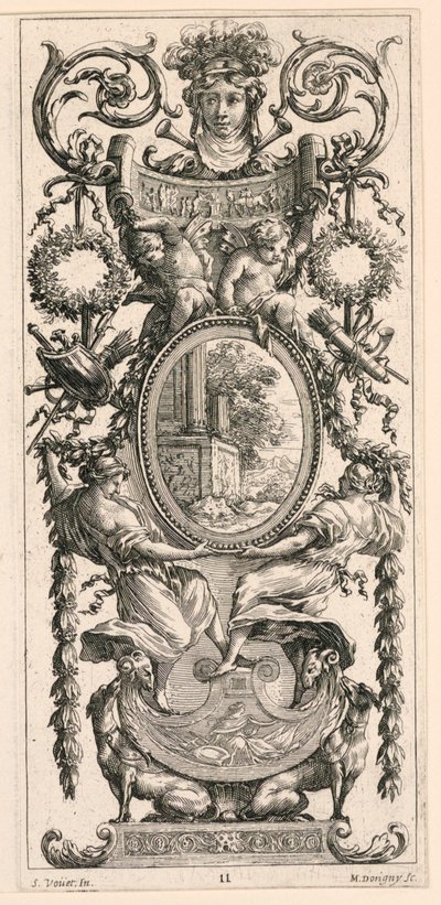 Ornamentpaneel bekroond met een hoofd geflankeerd door loofwerk, plaat 11 uit het Ornamentpaneel bekroond met een hoofd geflankeerd door loofwerk, uit het Livre de Diverses Grotesques peintes dans le Cabinet et Bains de la Reyne Regente, au Palais Royale door Michel Dorigny