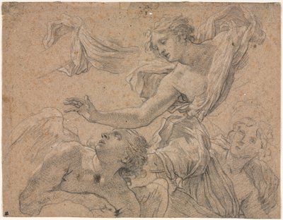 Studies van engelen recto, Panthea voor Cyrus verso, 1655-1660 door Michel Dorigny
