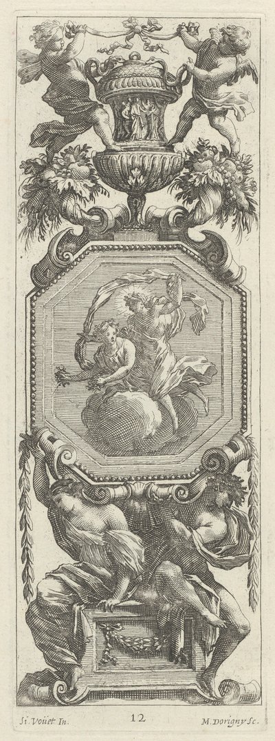 Ornamentaal Paneel Bekroond door Twee Putti en een Vaas door Michel Dorigny, after Simon Vouet