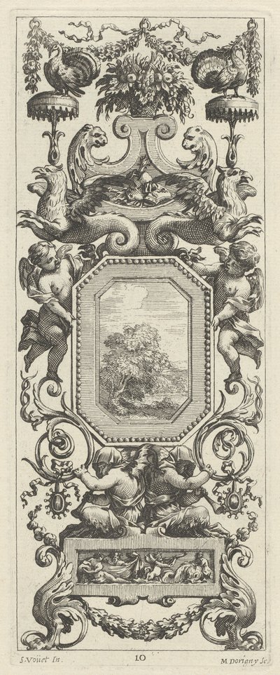 Sierpaneel bekroond door een mand met bloemen en een slinger door Michel Dorigny, after Simon Vouet