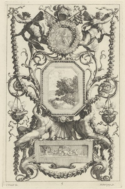 Ornamentpaneel Bekroond door een Medaillon met een Offer door Michel Dorigny, after Simon Vouet