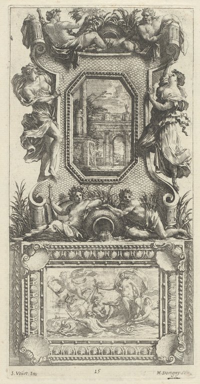 Ornamentpaneel bekroond door een najade en een riviergod door Michel Dorigny, after Simon Vouet