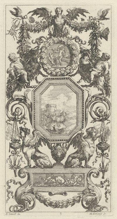 Ornamentaal Paneel Bekroond door een Gevleugelde Harpy door Michel Dorigny, after Simon Vouet