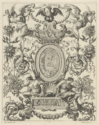Ornamentaal paneel bekroond door een adelaar en het motto NATOS ET NOSTRA TUEMUR door Michel Dorigny, after Simon Vouet