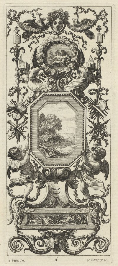 Sierpaneel bekroond door het gekroonde hoofd van een vrouw en twee pauwen door Michel Dorigny, after Simon Vouet