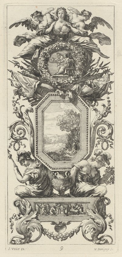 Ornamentaal Paneel met Twee Figuren die op de Buste van een Vrouw Leunen door Michel Dorigny, after Simon Vouet